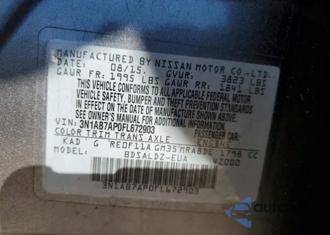 2015 Nissan Sentra S z USA, uszkodzony, nr VIN 3N1AB7AP0FL672903